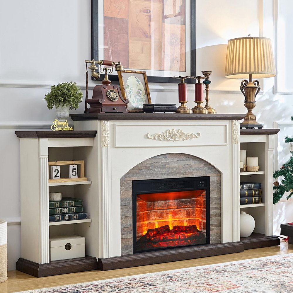 Electric Fireplace with Mantel, Fireplace TV Stand for TVs Up to 80 Inch, 72" White Entertainment Center with Storage for Bedroom,23'' Red Brick Fireplace Insert Heater with LED Flame for Living Room