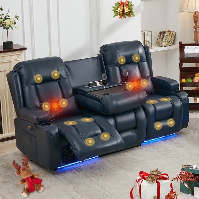 IPKIG Power Loveseat Recliner Sofa, Flip Middle Backrest Design Home Theater Seating, PU Leather Reclining Sofa with 4 Colors LED Lights, AC Outlets, USB-A/C Ports and Cup Holders(Blue, 3-Seater)