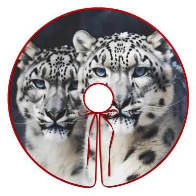 Christmas Tree Skirt 48 Inches Blue Eyed Snow Leopard Tree Skirt Double-Sided Xmas Tree Skirt Christmas Tree Mat Christmas Tree Decorations for Holiday Decor Indoor Outdoor