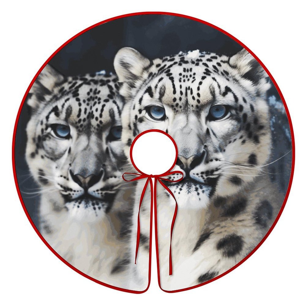 Christmas Tree Skirt 48 Inches Blue Eyed Snow Leopard Tree Skirt Double-Sided Xmas Tree Skirt Christmas Tree Mat Christmas Tree Decorations for Holiday Decor Indoor Outdoor