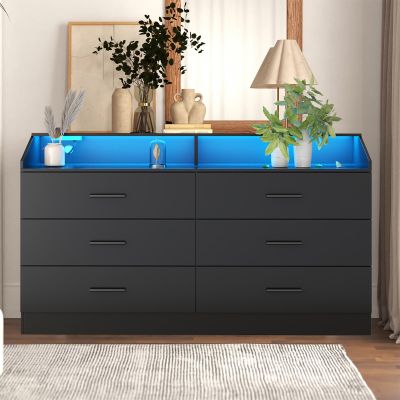 6 Drawers Dresser, Dresser for Bedroom with Power Outlet, Modern Chest of Drawers with LED Light, Storage Dressers with Open Storage Cubby, Dressers Organizer for Closet, Entryway, Living Room, Black