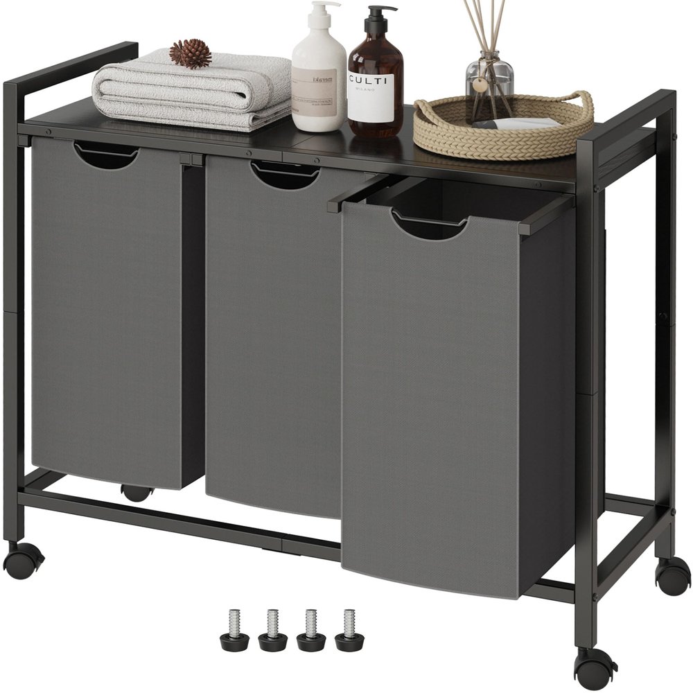 Homedawn Laundry Hamper, Laundry Basket, Laundry Sorter with 2 Pull-Out and Removable Bags, Shelf, Laundry Room Storage with Table, for Bathroom, Bedroom, 3 x 10.5 Gal (40L), Grey