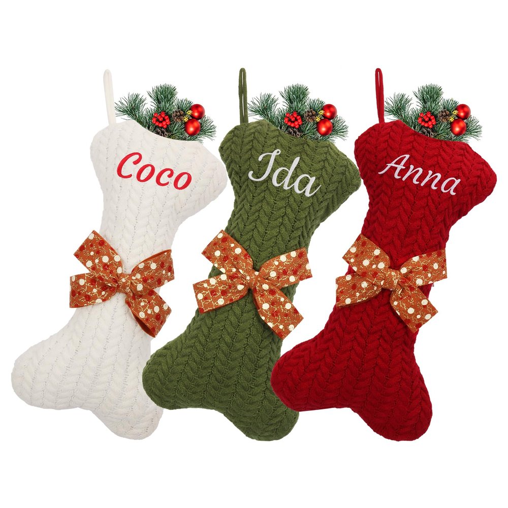 RCS-AGO Personalized Christmas Stocking Custom Xmas Stocking with Names, Exquisite Xmas Stocking - Dog Christmas Stocking in Bone Shape Perfect for Dogs, Cats and Pets (7 pcs)