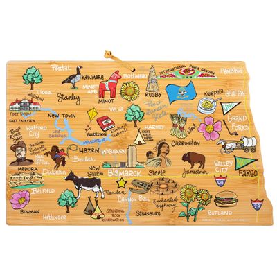 Totally Bamboo North Dakota State Shaped Cutting Board and Charcuterie Serving Platter with Artwork by Fish Kiss, Includes Hang Tie for Wall Display