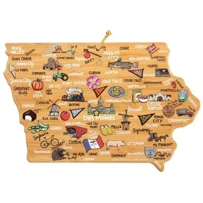 Totally Bamboo Iowa State Shaped Cutting Board and Charcuterie Serving Platter with Artwork by Fish Kiss, Includes Hang Tie for Wall Display