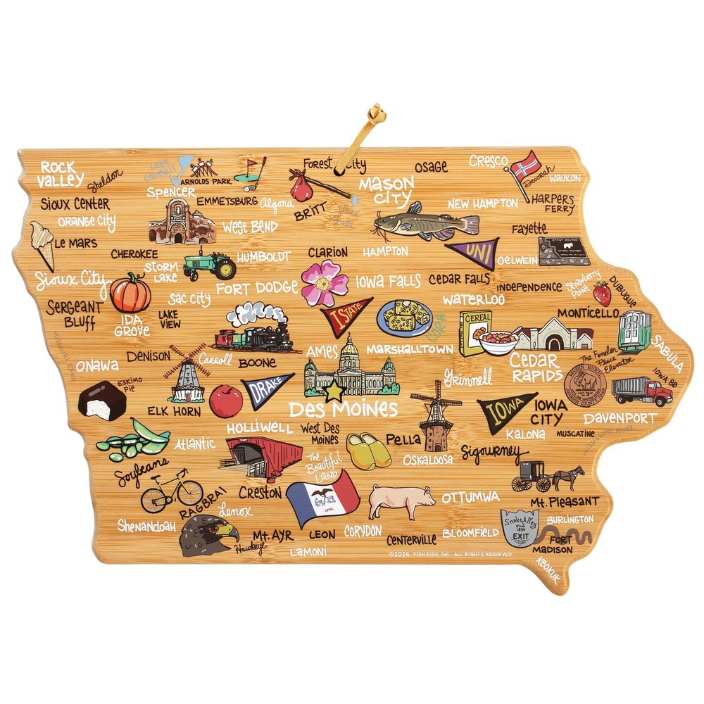 Totally Bamboo Iowa State Shaped Cutting Board and Charcuterie Serving Platter with Artwork by Fish Kiss, Includes Hang Tie for Wall Display
