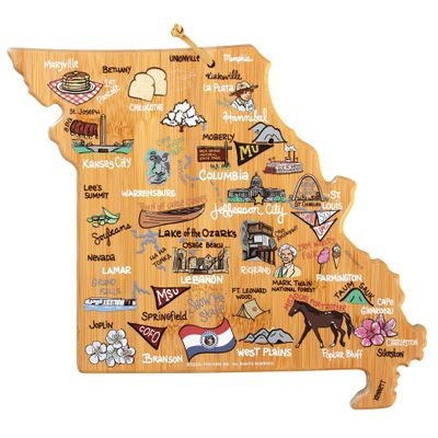 Totally Bamboo Missouri State Shaped Cutting Board and Charcuterie Serving Platter with Artwork by Fish Kiss, Includes Hang Tie for Wall Display