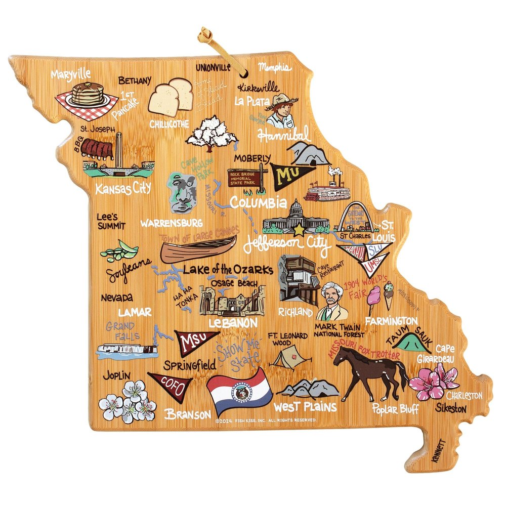 Totally Bamboo Missouri State Shaped Cutting Board and Charcuterie Serving Platter with Artwork by Fish Kiss, Includes Hang Tie for Wall Display