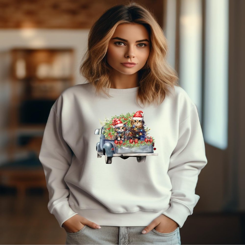 Christmas Cats in Truck Sweatshirt, Cat Lover Womens Pawprints Holiday Sweatshirt, Vintage Truck, Kitten, Rescue Cat Mom, Long Sleeved Shirt (3XL, Sport Grey)