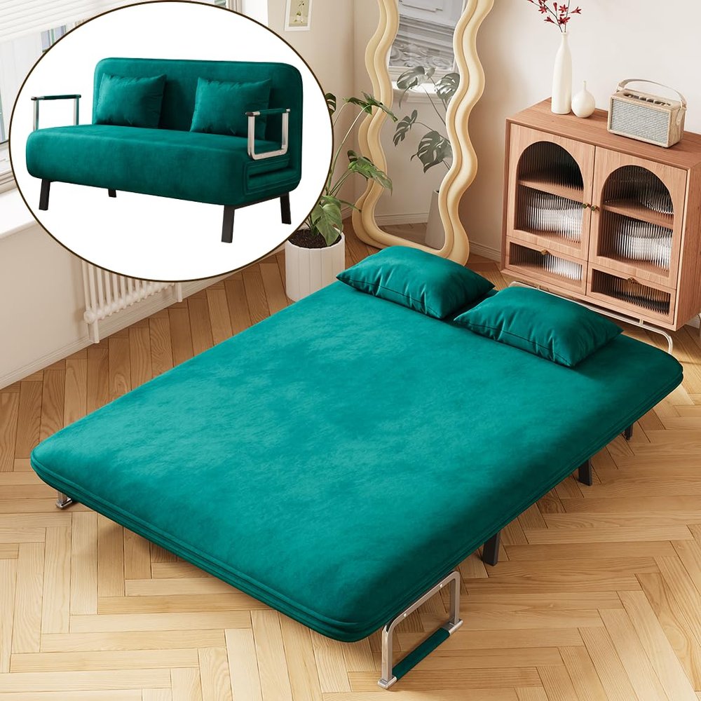 Convertible Queen Sleeper Chair Bed, 55" Tri-Folding Sofa with 6 Adjustable Backrests, Comfy Velvet Loveseat Sleeper, Modern Futon Sofa Bed for Living Room,Small Space,Office (Antique Green)