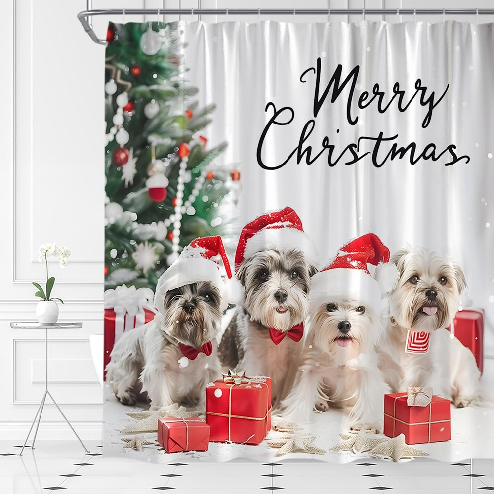 ABONAN Merry Christmas Shower Curtain Funny Dog Cute Pet Red Santa Hat Snowflake Winter Snow Christmas Tree Fabric Bathroom Decor Set with Hooks(47" WX70 H)