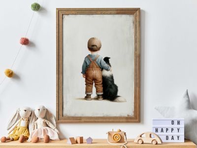 Border Collie Nursery Decor, Boy and Dog Art Print, Dog Nursery Art, Toddler Decor Boy, Puppy Nursery Print, Print Kids Art, Border Collie Nursery Decor Photo,234