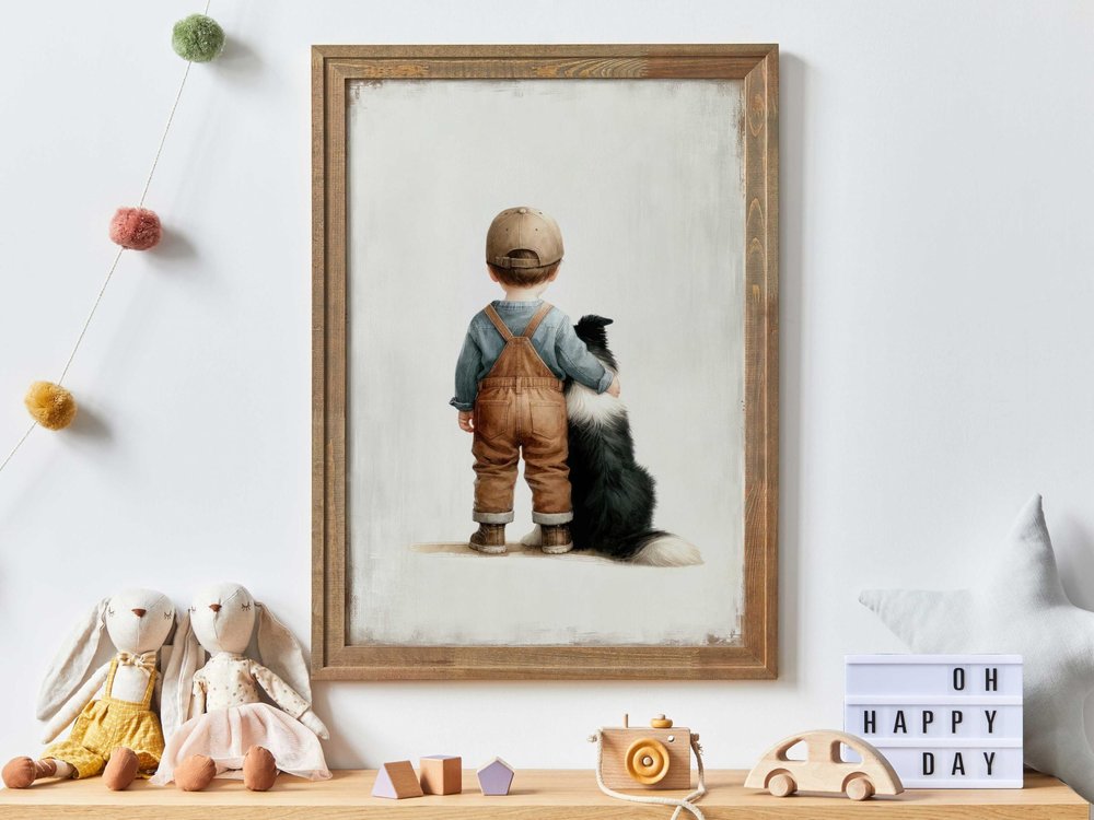 Border Collie Nursery Decor, Boy and Dog Art Print, Dog Nursery Art, Toddler Decor Boy, Puppy Nursery Print, Print Kids Art, Border Collie Nursery Decor Photo,234