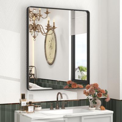 CHARMOR 28x32 Inch Black Metal Framed Bathrrom Mirror for Wall, Matte Black Rectangle Mirror, Rounded Corner, Anti-Rust (Horizontal/Vertical)