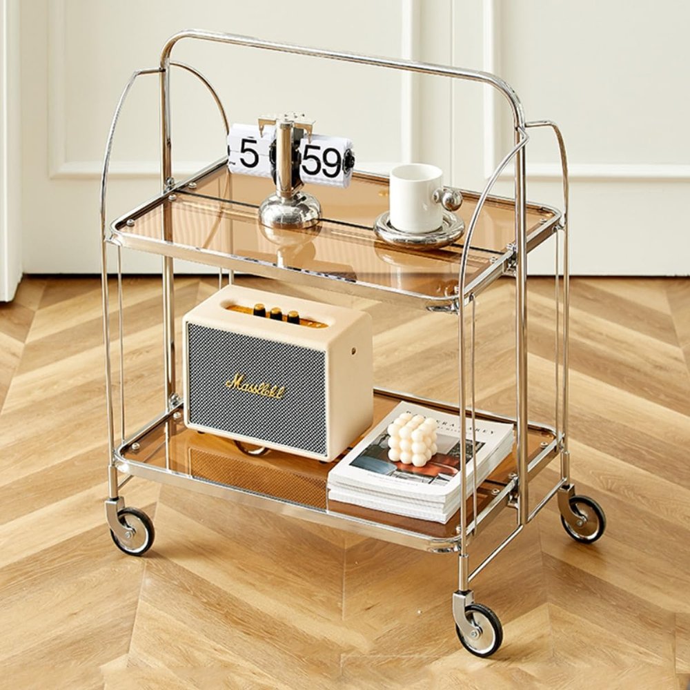 EHVYBDX Glass Rolling Trolley Storage Mobile Dining Cart 2-Tier Storage Organiser,Bathroom Storage Shelves Unit with Wheels,Sofa Side Table Multifunctional Serving Trolley