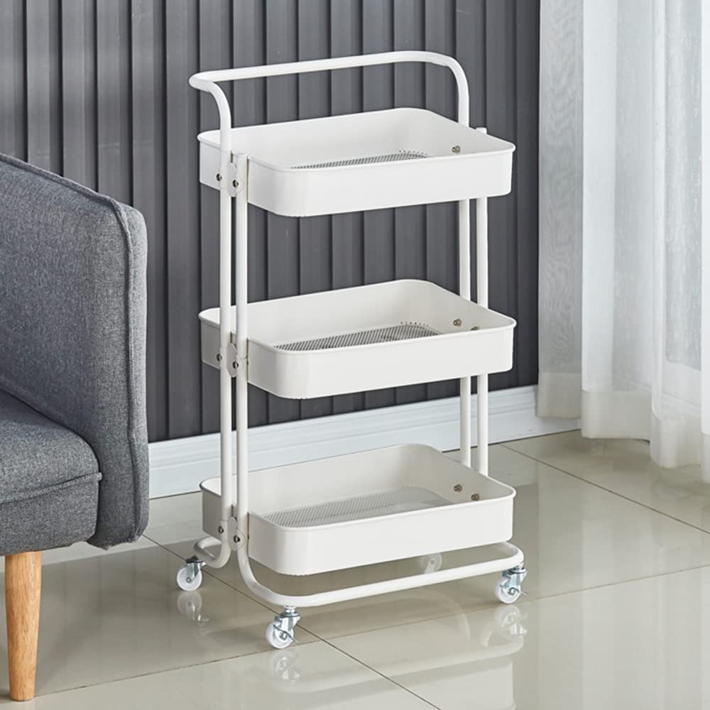 Kitchen Rolling Cart on Wheels, 3-Tier Storage Trolley with Handle, Multi-Purpose Utility Organiser Cart, Mobile Serving Cart for Office/Bathroom/Garage/Library