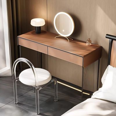 LPP-AWH Luxury Vanity Desk - Bedroom Makeup Vanity with Acrylic Table Legs & 2 Drawers and LED Lights Mirror, Solid Wood Dressing Table Include Makeup Chair and Leather (Brown,47'')