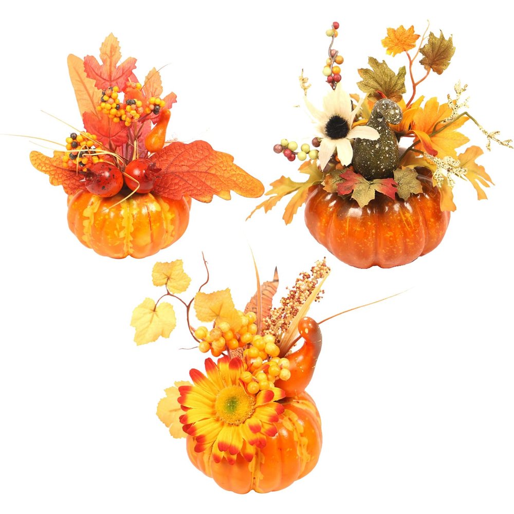 Cute MiniPumpkin with Flower Fall Table Centerpieces Gifts,Small Artificial Pumpkins with Fake Flowers Fall Floral Arrangements Artificial,HalloweenPumpkin Centerpieces (3pcs)