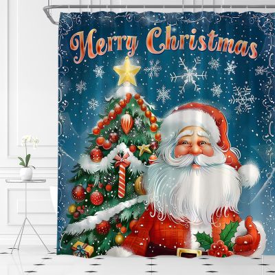 ABONAN Merry Christmas Shower Curtain Funny Cute Retro Santa Claus Christmas Tree Snowflake Winter Holiday Fabric Bathroom Decor Set with Hooks(78" Wx70 H)
