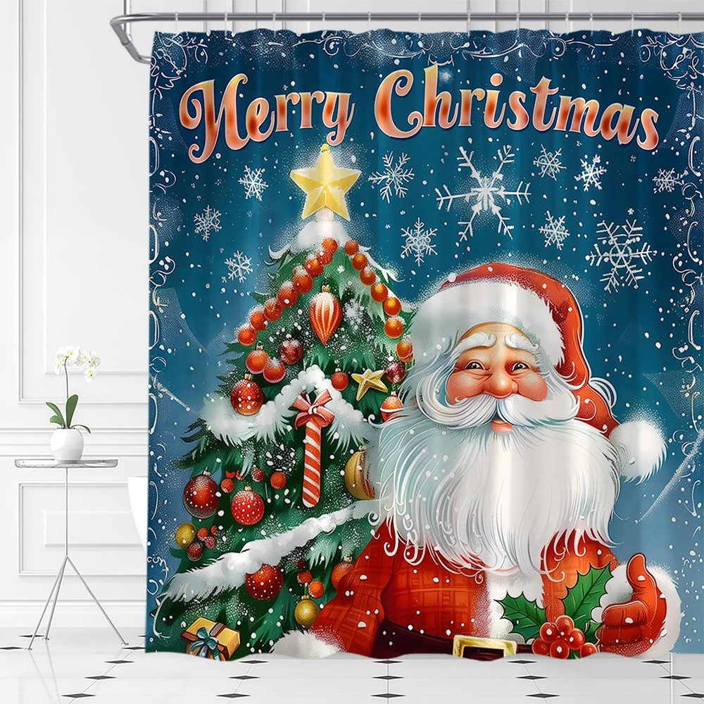 ABONAN Merry Christmas Shower Curtain Funny Cute Retro Santa Claus Christmas Tree Snowflake Winter Holiday Fabric Bathroom Decor Set with Hooks(78" Wx70 H)