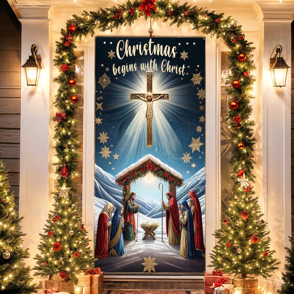 Christmas Cross Door Cover - Nativity Religious Decorations Banner - Begins With Christ Porch Sign Hanging Backdrop for New Year Winter Holiday Party Favor Decor Supplies