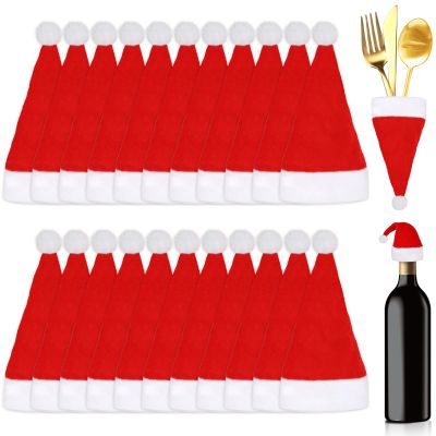 Auzesto 36Pcs Christmas Santa Hats Silverware Holders, Santa Hat Tableware Holders Xmas Hat Tableware Cutlery Bags Mini Santa Hats for Wine Bottle Xmas Party Dinner Table Dinnerware Decorations