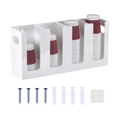 uxcell Disposable Coffee Cup Dispenser, 4 Compartments White Acrylic Paper Cup and Lid Plastic Storage Organizer Holder with Mounting Tools for Home Kitchen Office Countertop