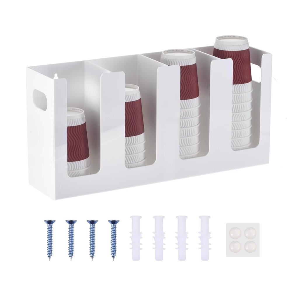uxcell Disposable Coffee Cup Dispenser, 4 Compartments White Acrylic Paper Cup and Lid Plastic Storage Organizer Holder with Mounting Tools for Home Kitchen Office Countertop