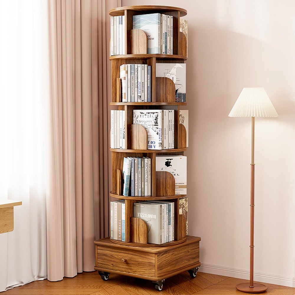 ZLGONRL 360Rotating Bookshelf, Solid Wood Display Corner Bookshelf for Small Space, 5 Tier Kids Bookshelf, Standing Shelves for Bedroom, Living Room, Study Room