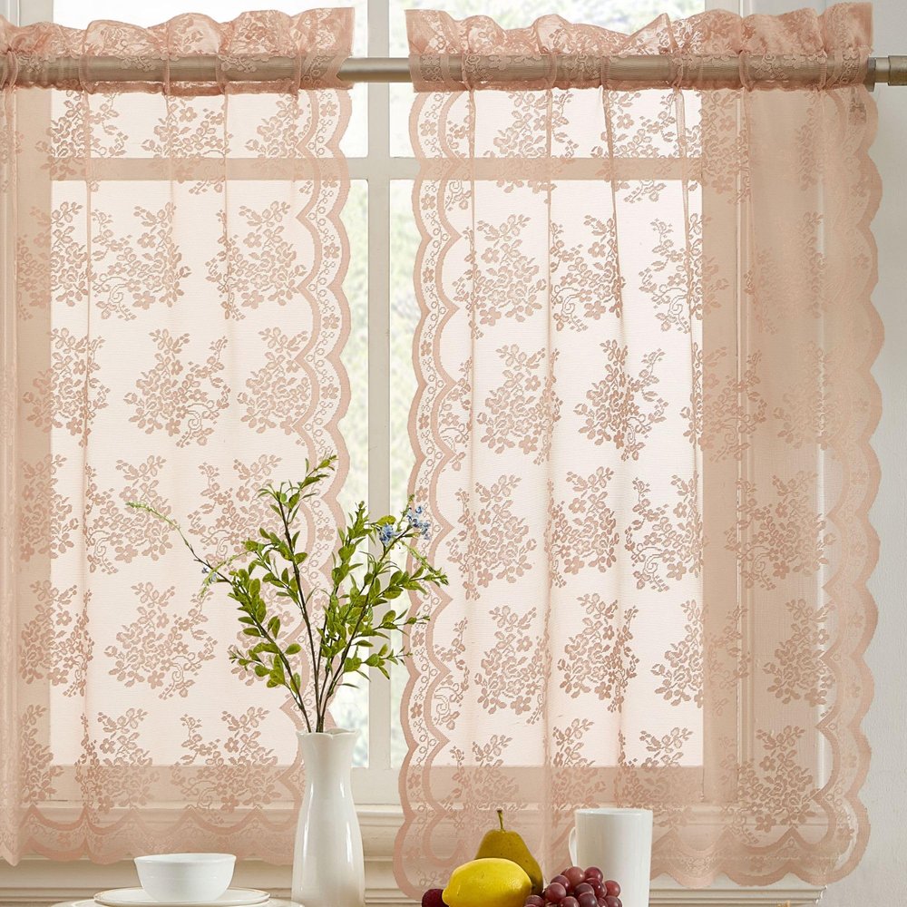HLC.ME Jolene Floral Cafe Curtain Tiers, 28x36 Inch, Blush Pink, Set of 2