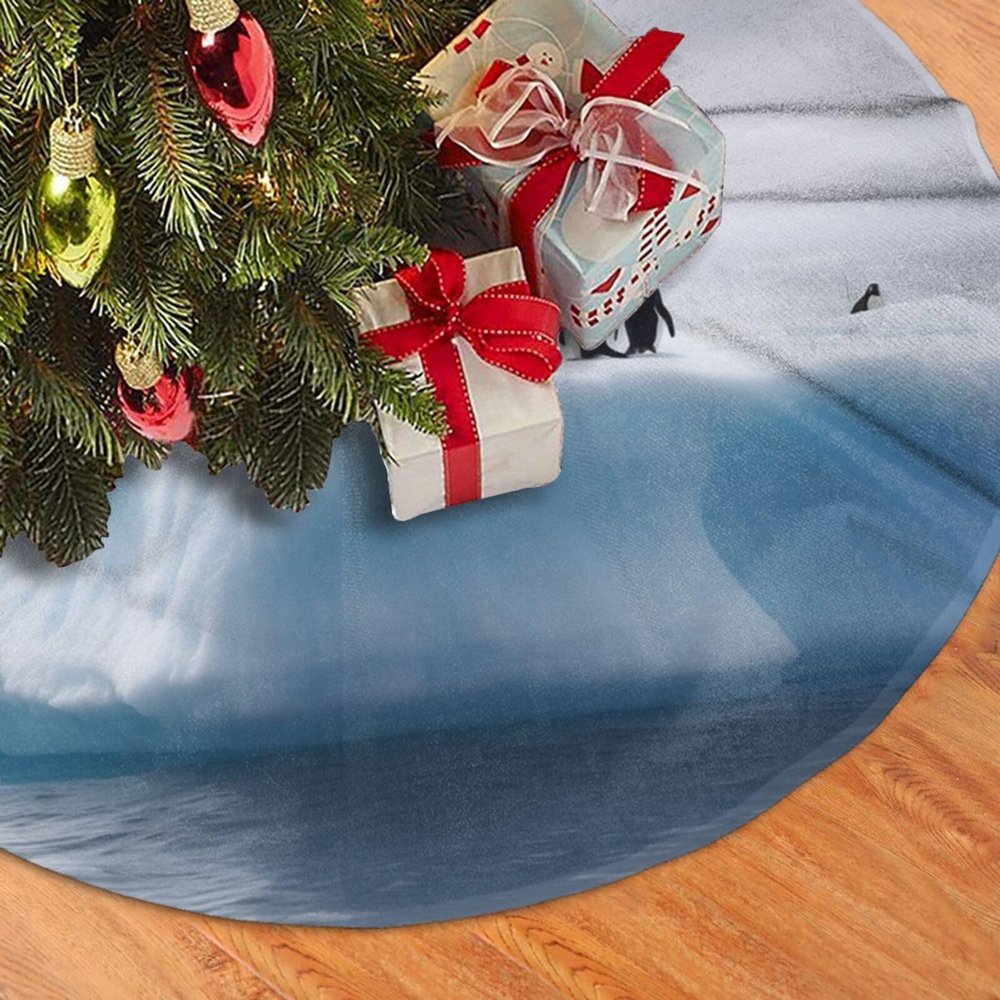 36" Christmas Tree Skirt White Plush Iceberg Penguins Christmas Tree Mat Tree Skirt Ornaments for Holiday Plush Tree Skirt Xmas Tree Skirt Base Cover for Christmas New Year Decorations