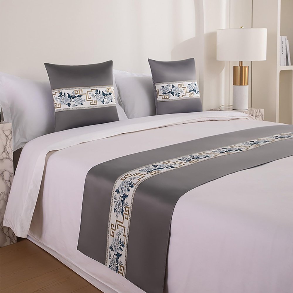 Yokqexz Silky Bed Runners Scarves, Chinese Style Embroidery Beding End Throws, Decorative Accent Bedding Scarf for Hotels Home Guestrooms(Dark Grey,30x50cm Pillowcases)