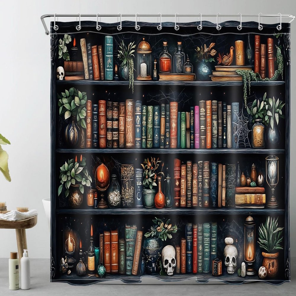 LB Retro Bookshelf Shower Curtain Witchy Magical Books Gothic Skull Shower Curtain Set with Hooks Green Plant on Shelf Waterproof Washable Fabric Shower Curtains for Bathroom Decorative,72x72 inch