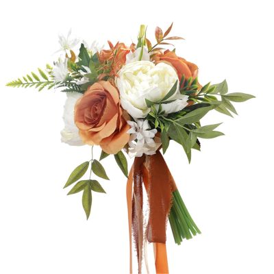 MOZX Artificial Flower Bouquet,Wedding Bouquets,Rustic Autumn Wedding Bouquet Bride Bridesmaid Wedding Bouquet Orange Rose Bouquet