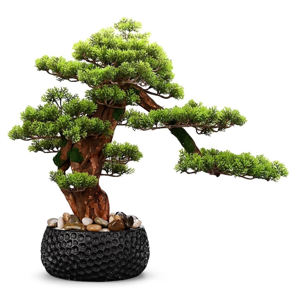 YOUQUEEN Artifical Tree Chinese Entrance Welcome Pine Bonsai Indoor Greenery Large Potted Plant Simulation Plant Ornament with Black Ceramic Flower Pot Decoration Artificial Tree Indoor