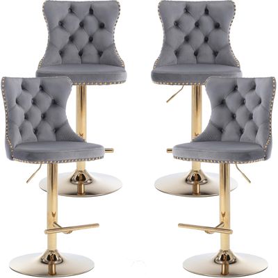 Swivel Counter Height Bar Stools Set of 4, Gray Kitchen Island Barstools, Velvet Adjustable Bar Height Stool Chairs, Tufted Back, Gold Metal Base, Sillas para Barra de Cocina (Grey, Velvet, 4 Pcs)
