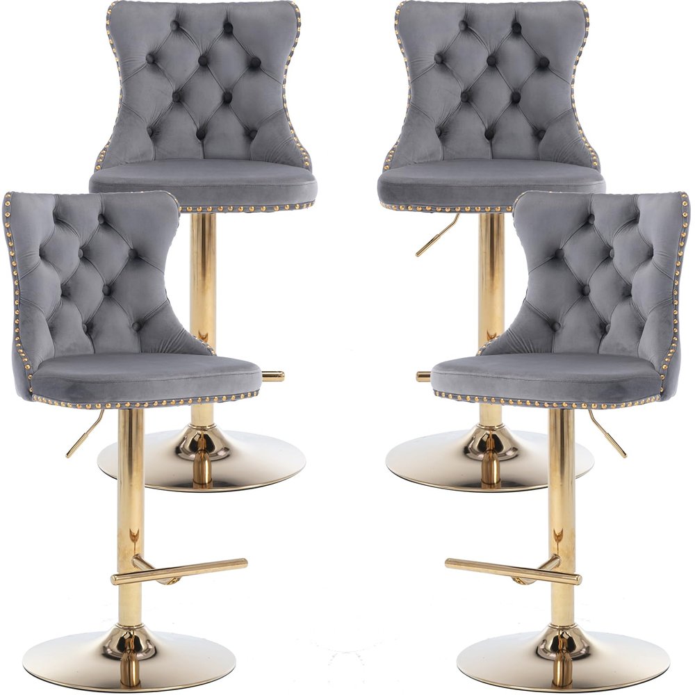 Swivel Counter Height Bar Stools Set of 4, Gray Kitchen Island Barstools, Velvet Adjustable Bar Height Stool Chairs, Tufted Back, Gold Metal Base, Sillas para Barra de Cocina (Grey, Velvet, 4 Pcs)