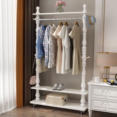 Yclty Wooden Clothes Shoe Rack Coat Stand, Garment Hanging Rail On Wheels, Heavy Duty Bedroom Garment Rack with 3 Shelves and Hooks for Coats Hats Scarf Jacket Dresses(White,120cm)