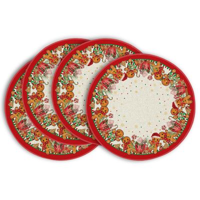 Artoid Mode Green Gingerbread Candy Cane Christmas Round Placemats Set of 4, 14 Inch Winter Round Table Mats for Dining Decoration