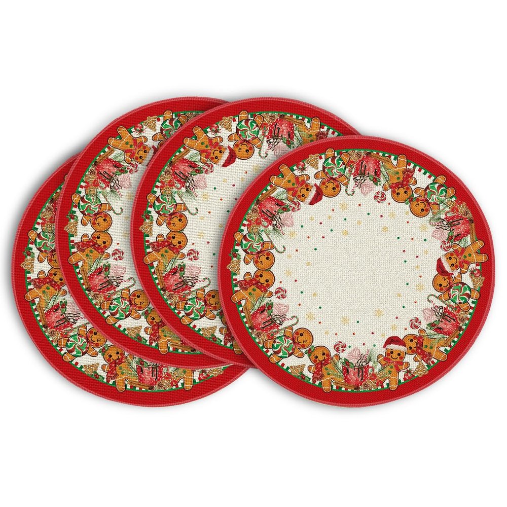 Artoid Mode Green Gingerbread Candy Cane Christmas Round Placemats Set of 4, 14 Inch Winter Round Table Mats for Dining Decoration