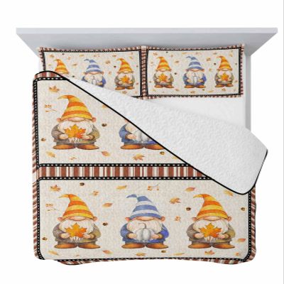 Quilt Set Full,Fall Thanksgiving Plants Gnome Summer Bedding Sets Lightweight Soft Bedspread Coverlet Set,Watercolor Maple Leaf Pumpkin on Boho Stripes 3 Pieces Bedding Set(1 Quilt, 2 Pillow Shams)