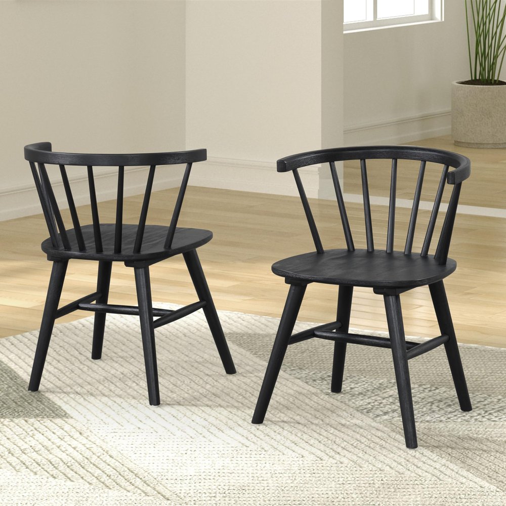 Furniture of America Aberma Mid-Century Modern Solid Wood Side Chairs Set of 2 with Spindle Back and Molded Seats, Shaker Legs Accent Seating for Dining Room, Home Kitchen, Black