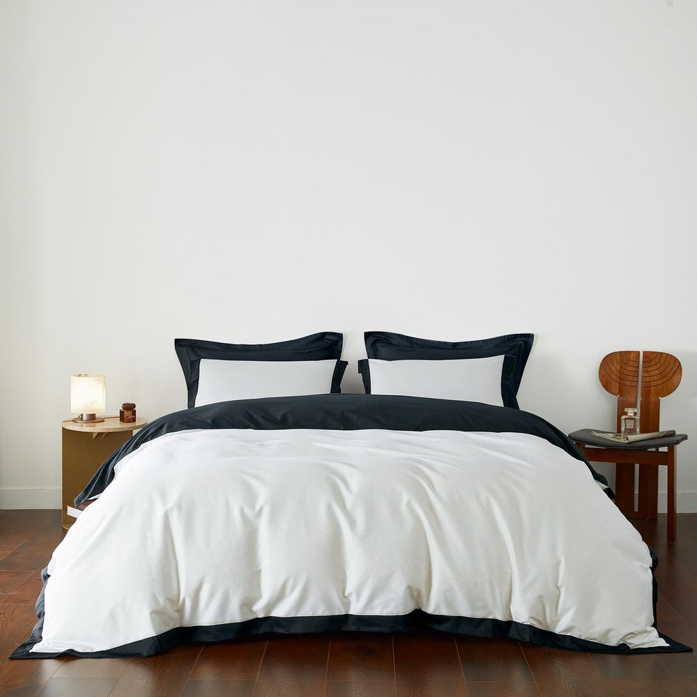 YuHeGuoJi Black White Duvet Cover King 100% Egyptian Cotton 3 Pcs Set 1 Black Wide Trim Duvet Cover with Zipper Ties 2 Pillow Shams Hotel Collection Double Sided Solid Color Bedding Set Soft
