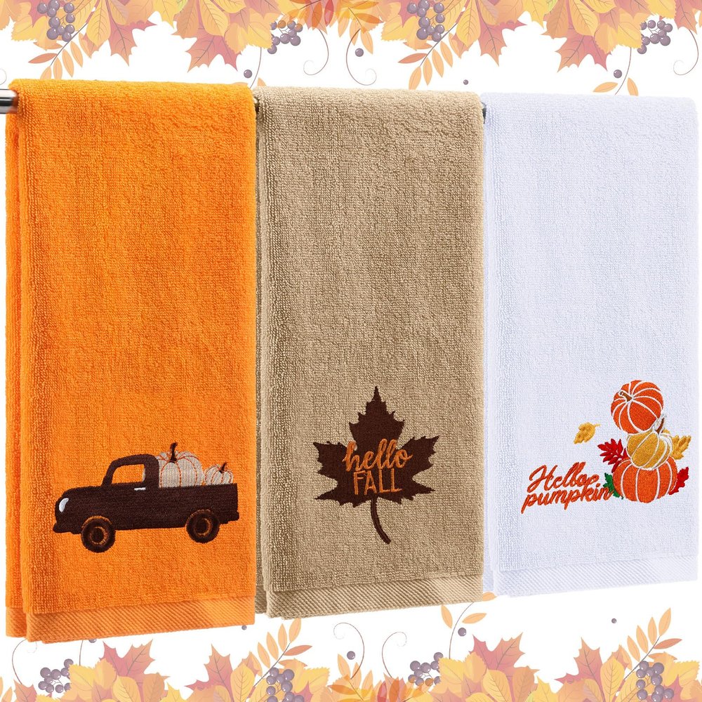 Fanfanwin 3 Pcs Thanksgiving Hand Towels for Bathroom 13.8 x 29.5 Inch Fall Decorative Bath Towels Sets 100% Cotton Embroidered Pumpkin Autumn Maple Bathroom Decor(Orange Brown White,Fall)