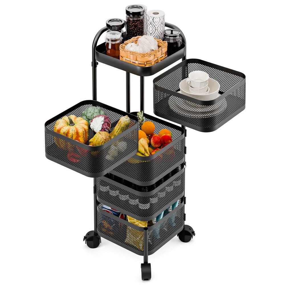 qorkhogr Rotating Storage Rack,Square Fruit and Vegetable Storage with Wheels Bathroom Metal Wire Shelf with Top Lid Kitchen Organization and Storage Mobile Utility Cart for Living Room Five Layers