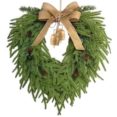 Christmas Norfolk Pine Wreath for Front Door, Rustic Norfolk Pine Garland with Hessian Ribbon Bowtie and Vintage Bell Faux Norfolk Pine Wreath for Holiday Indoor Outdoor Home Decor (Green02)