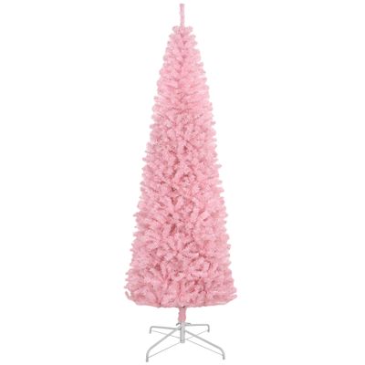 HOMCOM 8ft Douglas Fir Pencil Christmas Tree, Slim Artificial Christmas Tree with 1168 Branch Tips and Metal Stand, Skinny Hinged Xmas Tree for Home Party Holiday Decoration, Pink