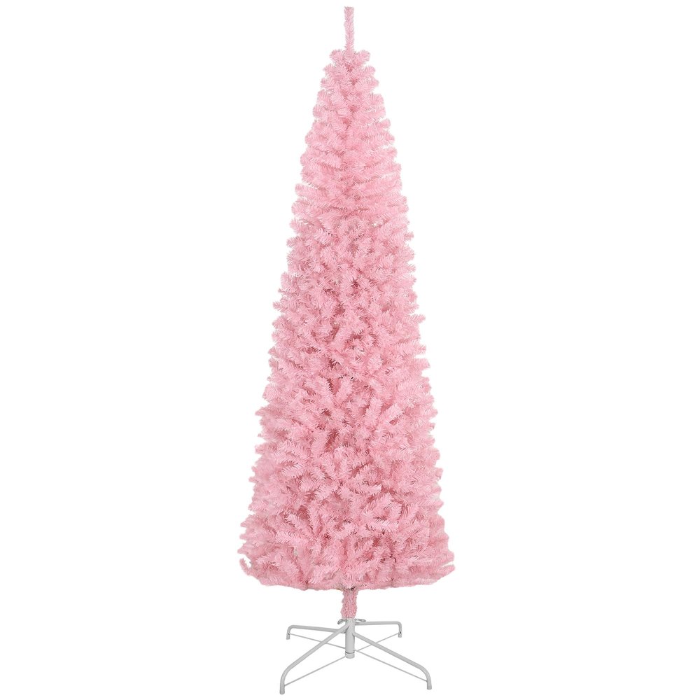HOMCOM 8ft Douglas Fir Pencil Christmas Tree, Slim Artificial Christmas Tree with 1168 Branch Tips and Metal Stand, Skinny Hinged Xmas Tree for Home Party Holiday Decoration, Pink