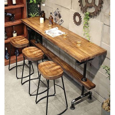 Solid Wood Wall Bar Table Narrow Long High Table Counter Height Table Bar Table with Metal Legs Rectangular Dining Table for Restaurant Bistro Cafe Tea Shop Home Without Stools