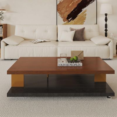 47.24" Rectangular Coffee Table with Storage, 2-Tier Farmhouse Wood Center Coffee Table for Living Room, Modern Design Home Furniture